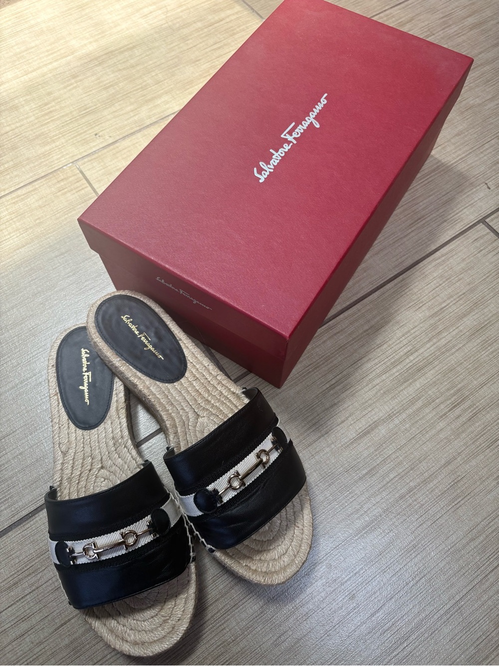 Salvatore Ferragamo Black Leather Espadrille Slide Sandals with Gold Hardware - Picture 2 of 4